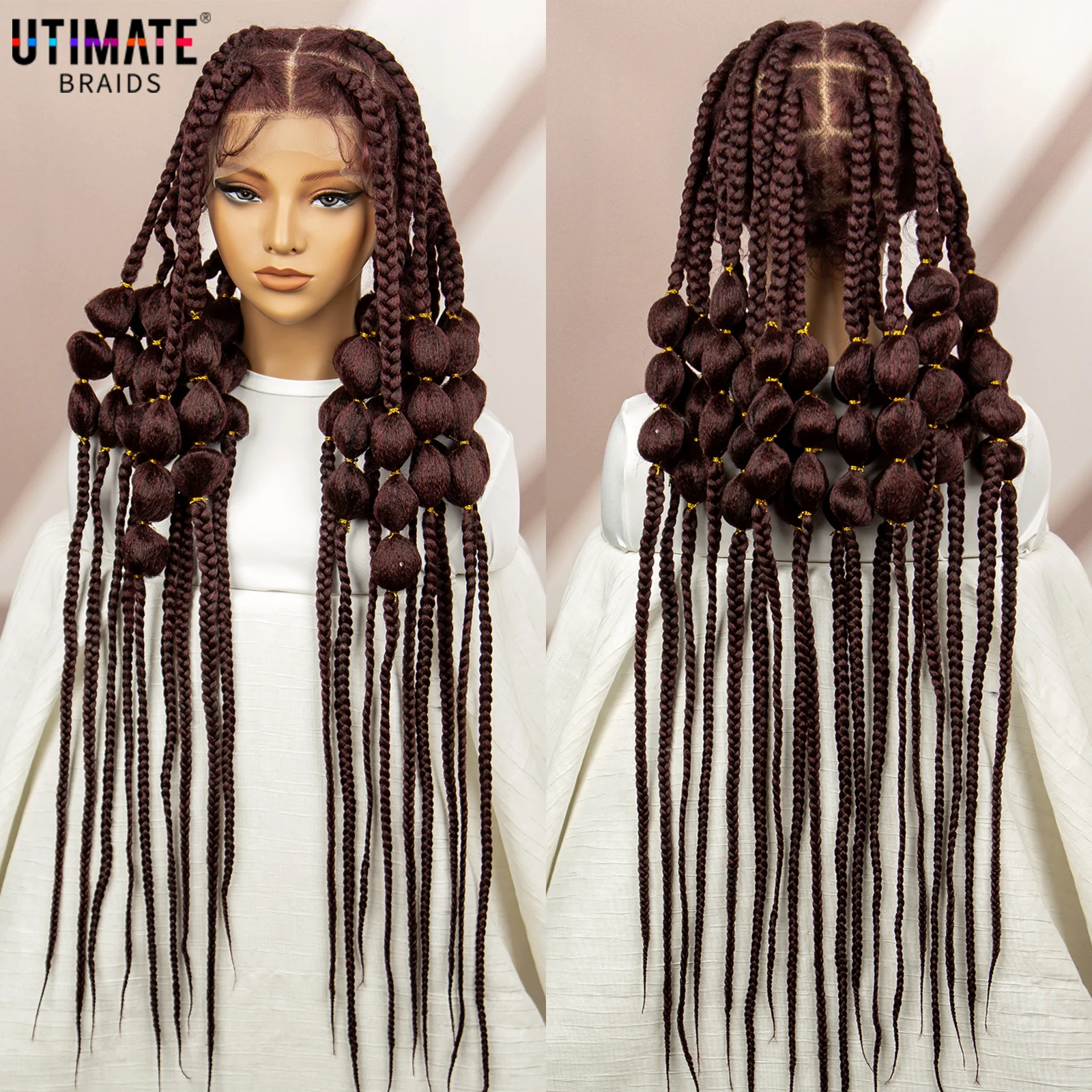 

Burgundy Synthetic HD Full Lace 40 Inches African Knotless Box Braids Wig Afro Knot Bantu Braided Wigs for Black Women