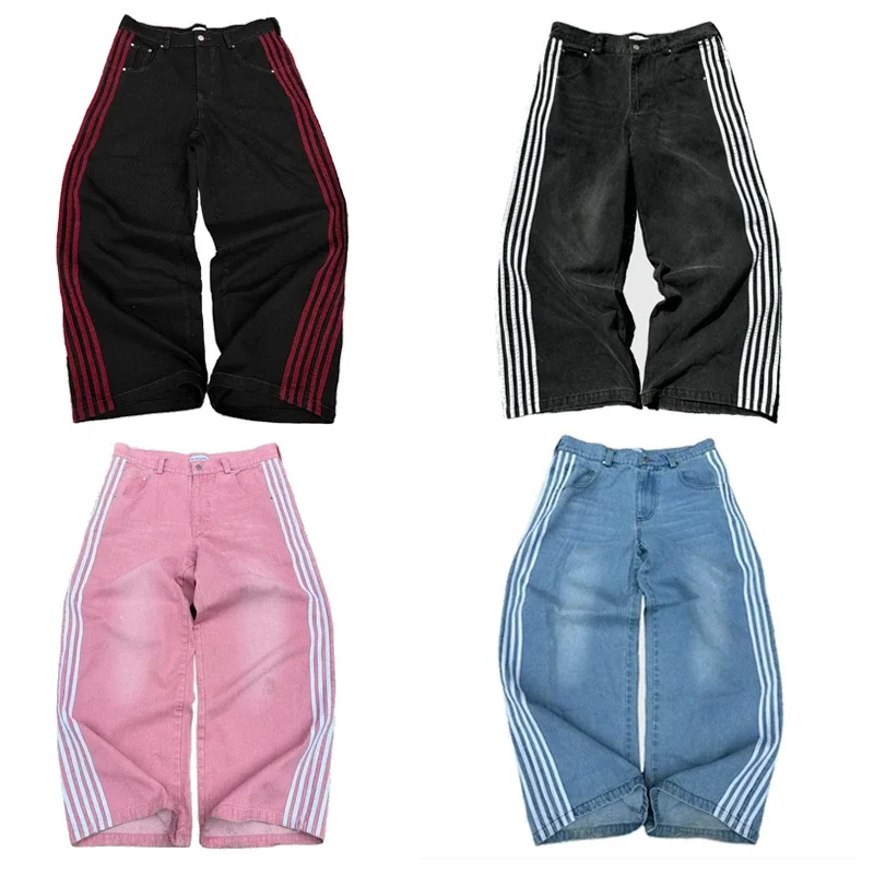 Pantalones vaqueros holgados Y2K para hombre y mujer, pantalón de chándal Harajuku a rayas bordadas de alta calidad, ropa de calle Hip Hop, pantalones vaqueros de pierna ancha informales