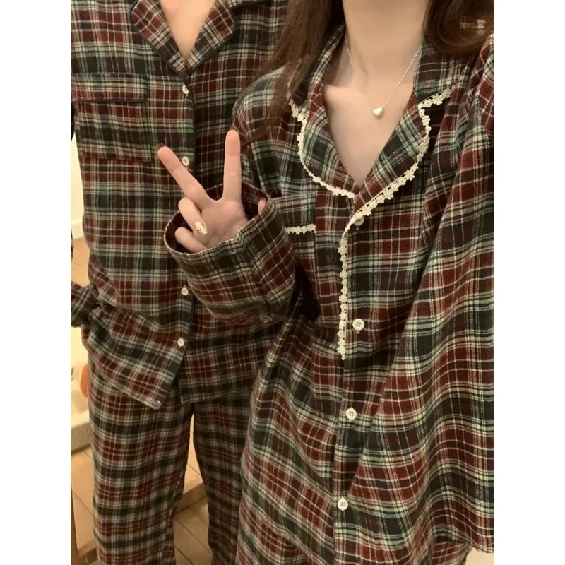 Plaid Couple Pajamas Autumn and Winter 2024 New Retro Brushed Pure Cotton One Man One Women Homewear Set Outer Wear