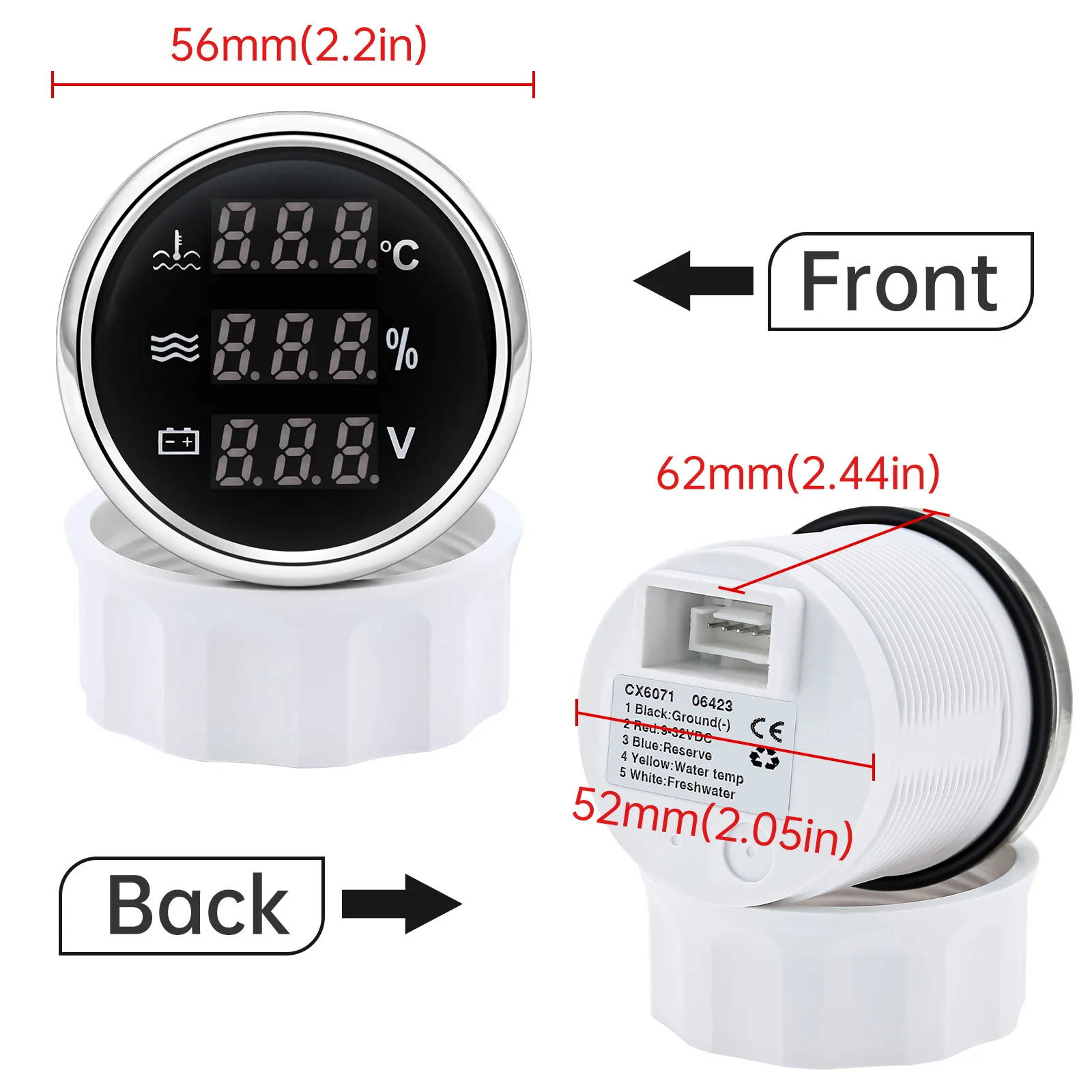 Sensor Level air 100-600mm + 3 dalam 1 suhu air + Level air + Voltmeter dengan Alarm 0-190 ohm 52mm pengukur otomatis kapal Yacht 12V 24V