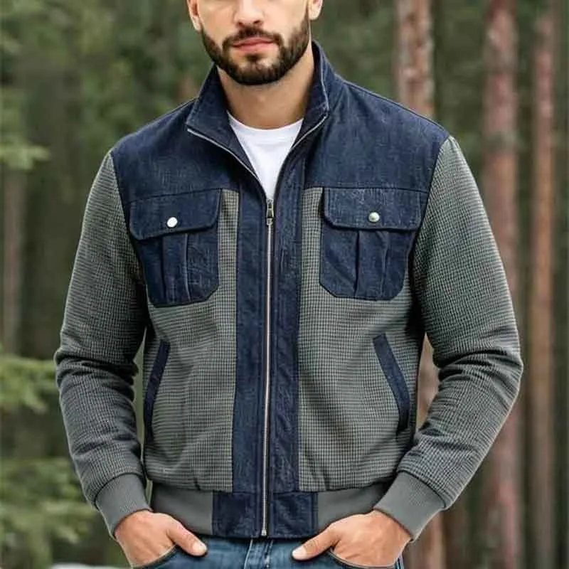 KIDWHXR Men Jacket Autumn Fashion Contrast Color Patchwork Pocket Male Outerwear Outdoor Casual Stand Collar Man Cargo Coat