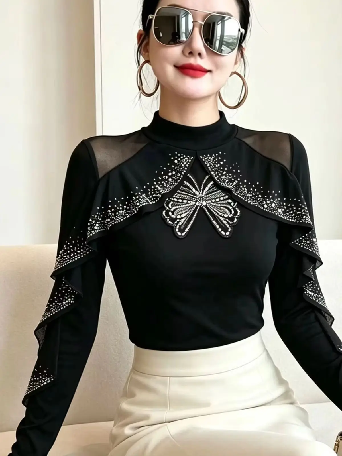 2026 New Women's Rhinestone Ruffle Sleeve Mesh Panel T-Shirt, Embellished Long Sleeve Layering Cotton Top