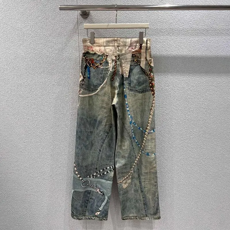 MWJLPWQ الدانتيل اللؤلؤ سلسلة ثلاثية الأبعاد مطبوعة الذكور تصميم الجينز شارع العليا مستقيم بنطال ذو قصة أرجل واسعة للجنسين 2025 الخريف موضة جديدة 21054