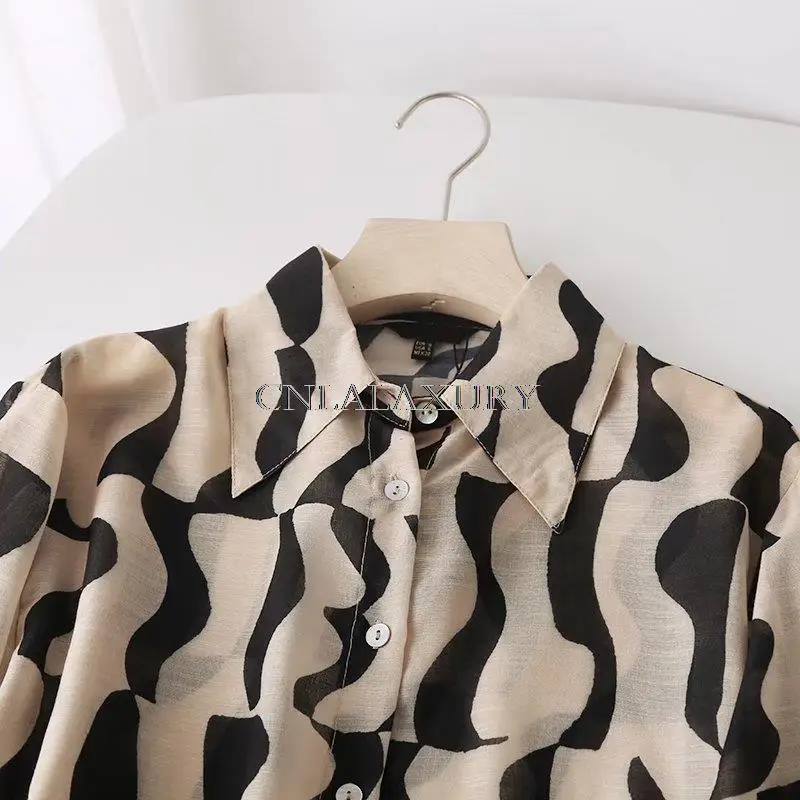 CNlalaxury Women 2022 Fashion Printed Loose Pocket Blouses Tops Vintage Long Sleeve Buttoned Shirt Streetwear Blusas Female