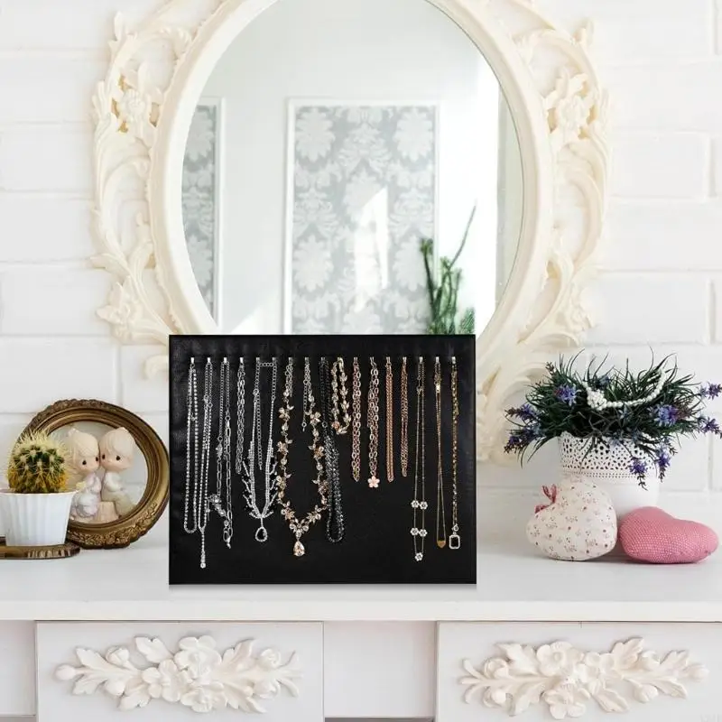   Set of 4 Black Jewelry Showcase Boards 17 Hooks Stand Sturdy Polyester Leather Wrap Suitable for Jewelry Easy Transport