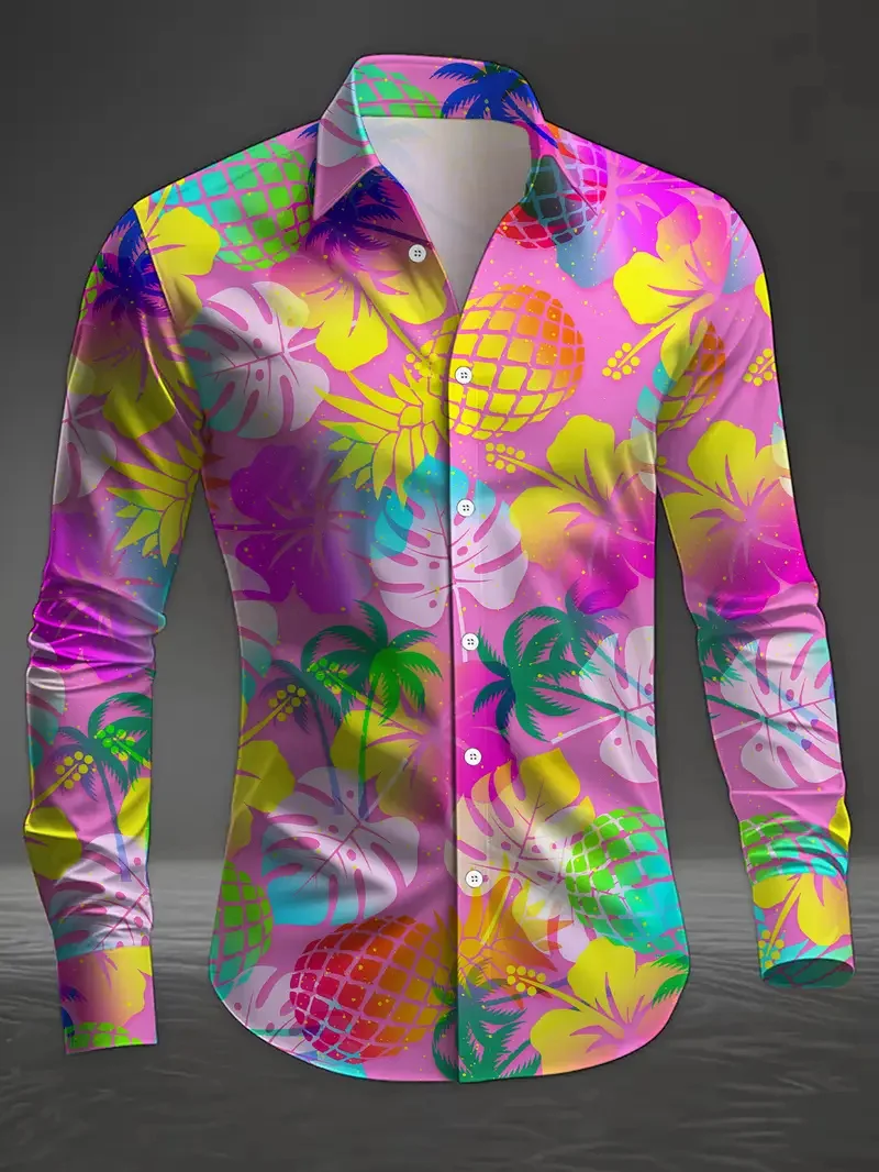 

Men's Casual Shirt New 3D Leaf Print Long Sleeve Button Lapel Shirt Men's Fashion Beach Holiday Shirt Top