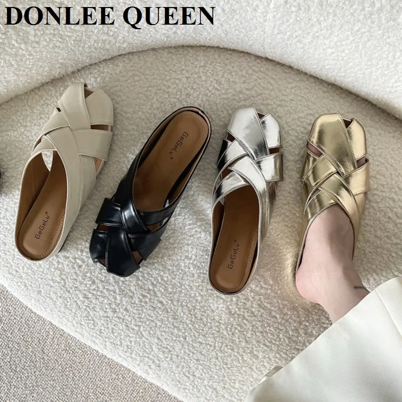 Fashion Women Slippers Square Toe Shallow Slip On Mules Shoes 2024 Summer Gold Sliver Slides Slipper Flats Heel Flip Flops Mujer