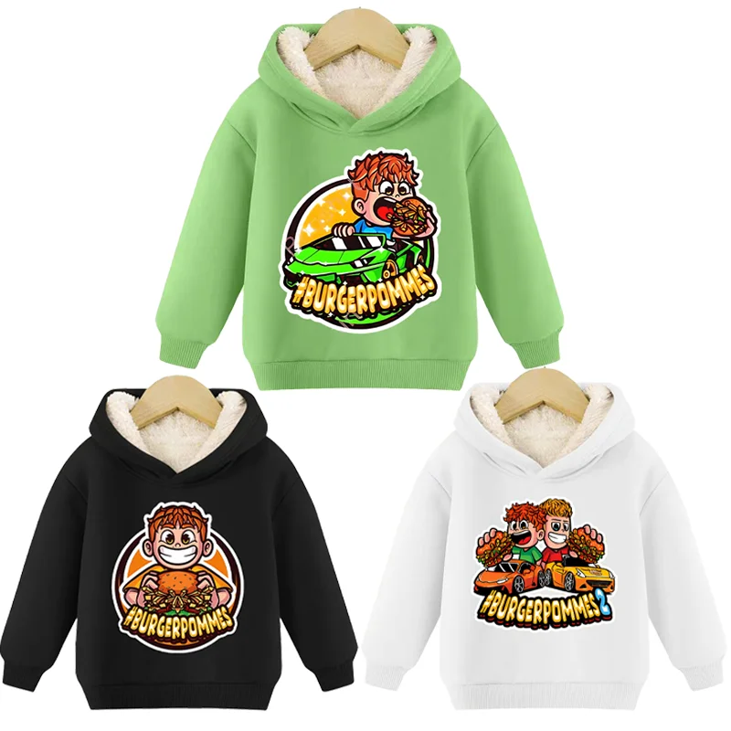 Burgerpommes Icrimax Kid Pullover Hoodies Boy Anime Cartoon Lamb Fleece Sweatshirt Winter Trend Thick Tops Child Clothing Gift