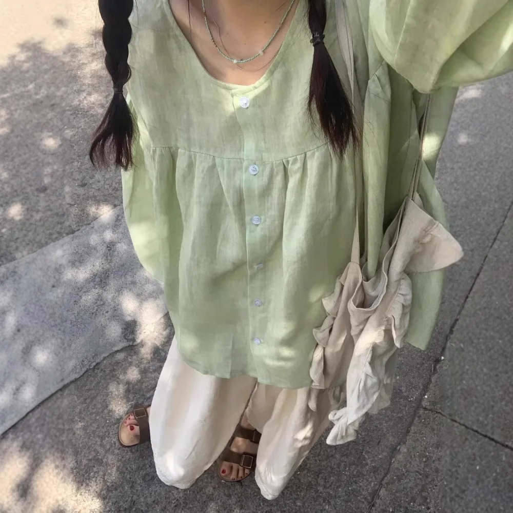 Women's Light Green Linen-Blend Peplum Blouse, U-Neck Button-Down Short Sleeve Top, Casual Loose-Fit Summer Shirt