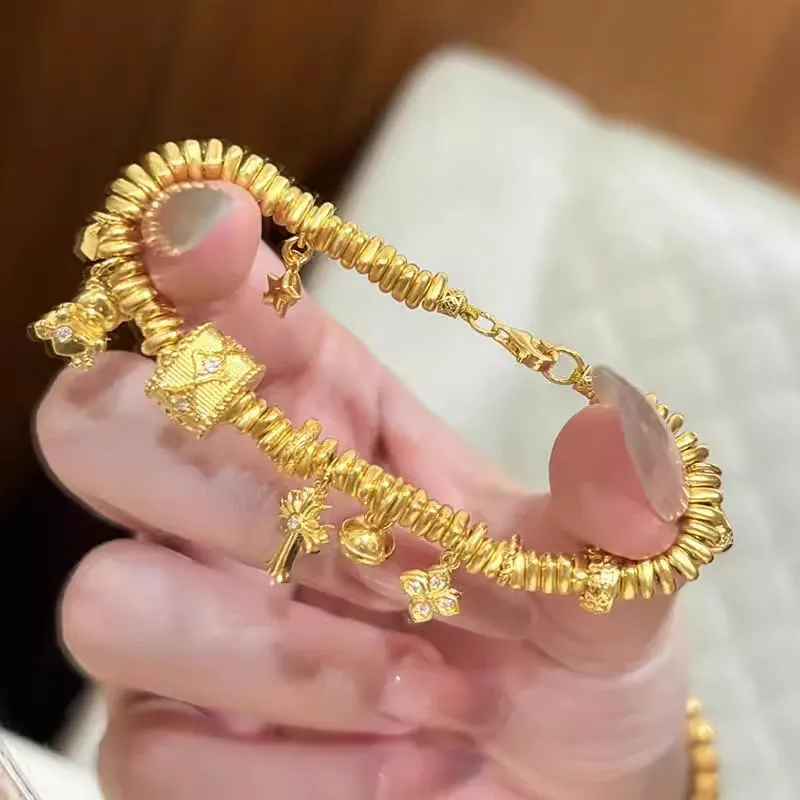 Luxury 24K 9999 Pure Gold real gold Women's Point Drill Brushed Four Mans Star Bucket Bead Bear Coil Bracelet