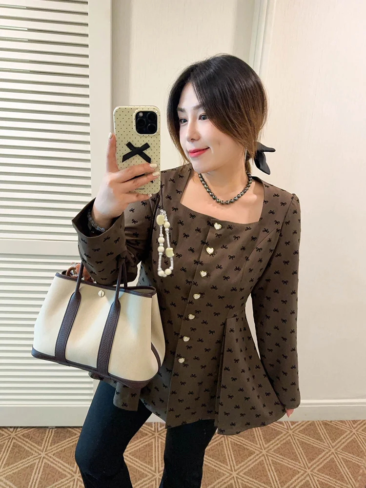 

Оригинальный топ Vogana большого размера с квадратным воротником, 3D-бантом и тонкими пуговицами, в корейском стиле, для повседневной носки