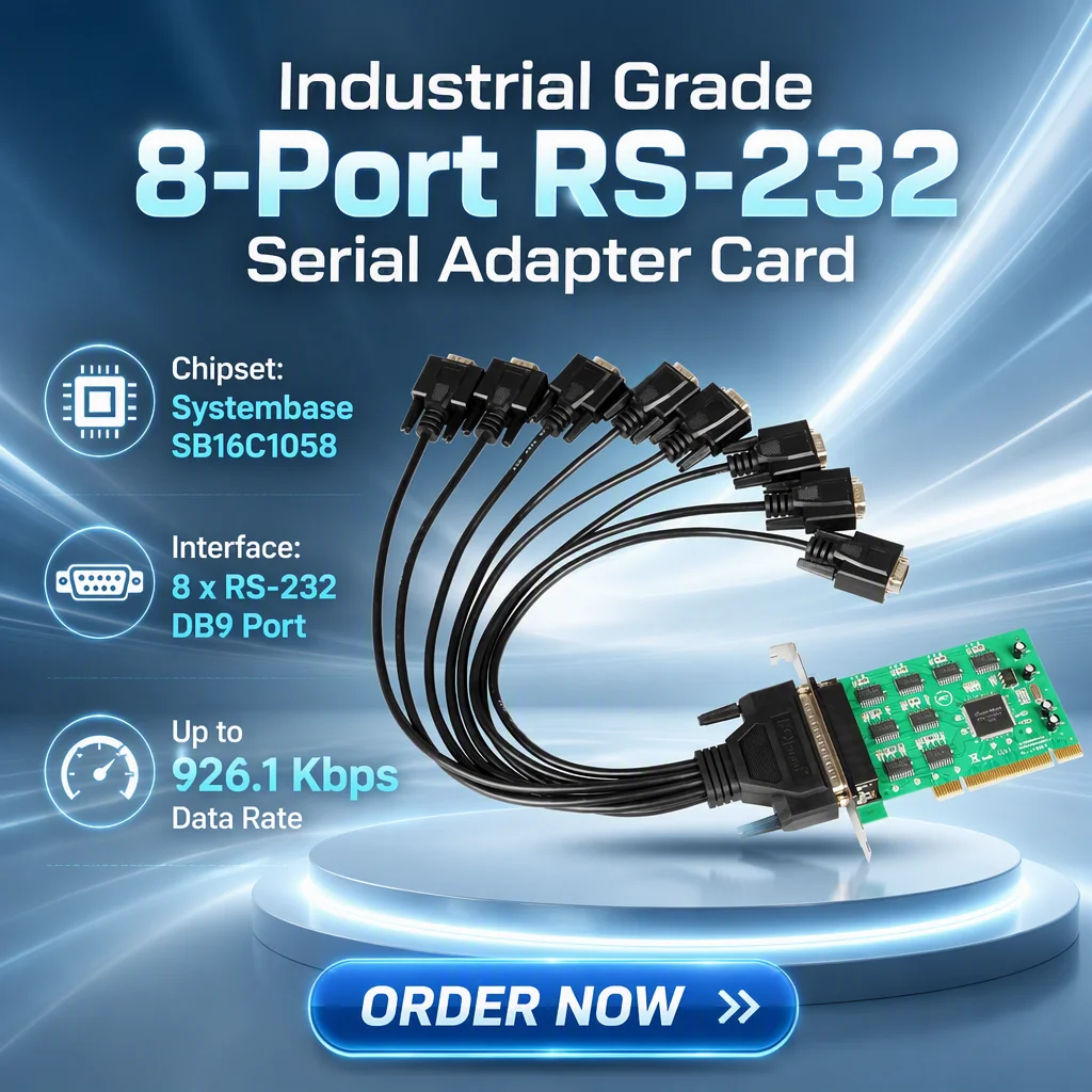 8 Port RS232 PCI Serial Expansion Card SystemBase 1058 DB9 COM Adapter with Fan-out Cable 926.1Kbps ESD for Desktop PC