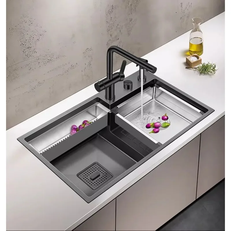 

Black Nano Sink Step Large Single Trough Household Dish Basin 304 Stainless Steel Kitchen Dish Sink