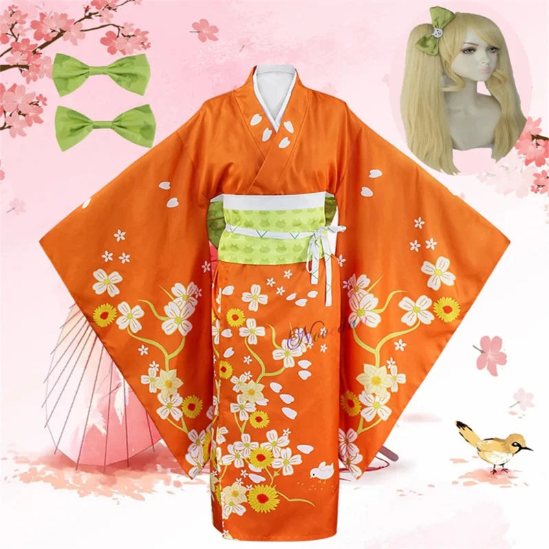 Anime Super Danganronpa 2 Goodbye Despair Hiyoko Saionji Kimono Cosplay Costume Wig Women Orange Kimono Dress Halloween Party