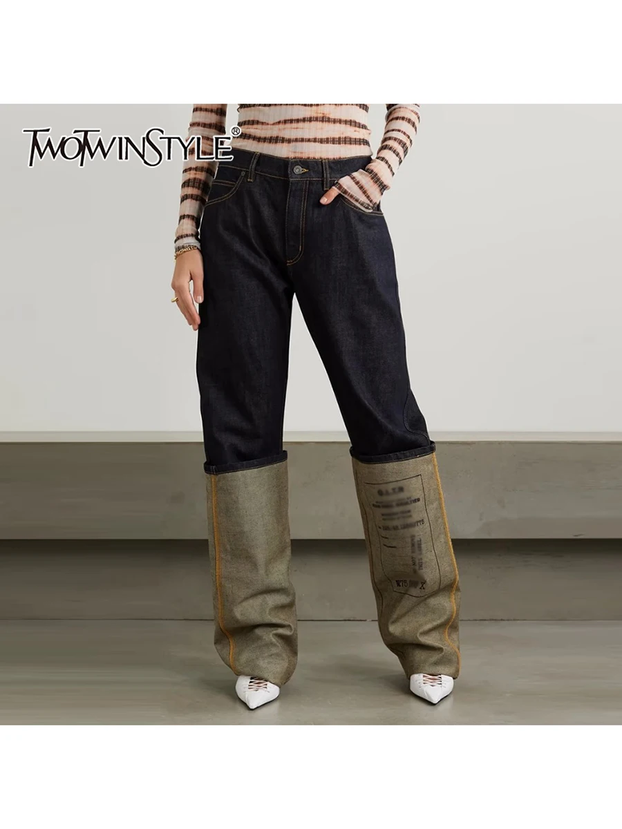 TWOTWINSTYLE Solid Designer Loose Demin Pants For Women High Waist Temperament Casual Spliced Button Jeans Female Clothes New