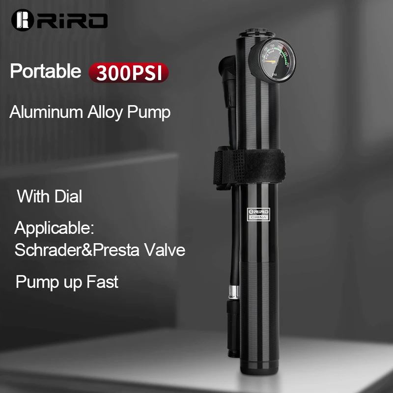 

RIRO 300PSI Mini Bike Pump Aluminum Alloy Portable Bicycle Hand Air Pump for Schrader/Presta Valve MTB Road Cycling Equipment
