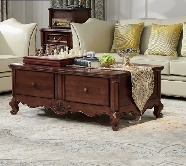 American-style all-solid-wood coffee table Small apartment living room household rectangular tea table pumping storage tea table