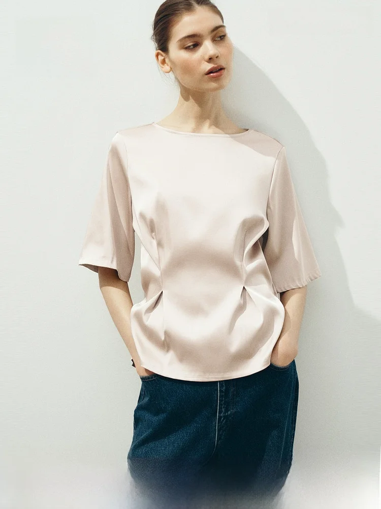 

Новая летняя женская блузка H&M с эффектом утяжки на талии, повседневный стиль, на молнии, из полиэстера, вискозы и спандекса, с круглым вырезом, короткий рукав