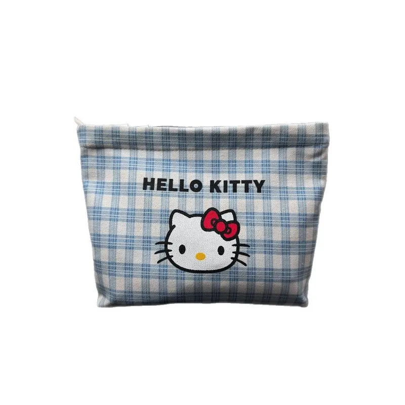 귀여운 산리오 헬로키티 체크무늬 화장품 가방 - 소녀들을 위한 귀여운 빨간색 & 파란색 화장품 파우치, 고급 휴대용 여행용 정리함 캔버스 가방