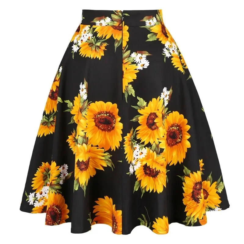 2024 Womans Saias Faldas 50s 1950s Vintage Women Big Swing Housewife Rockabilly Party Skirt Sunflower Summer Pleated Midi Skirts