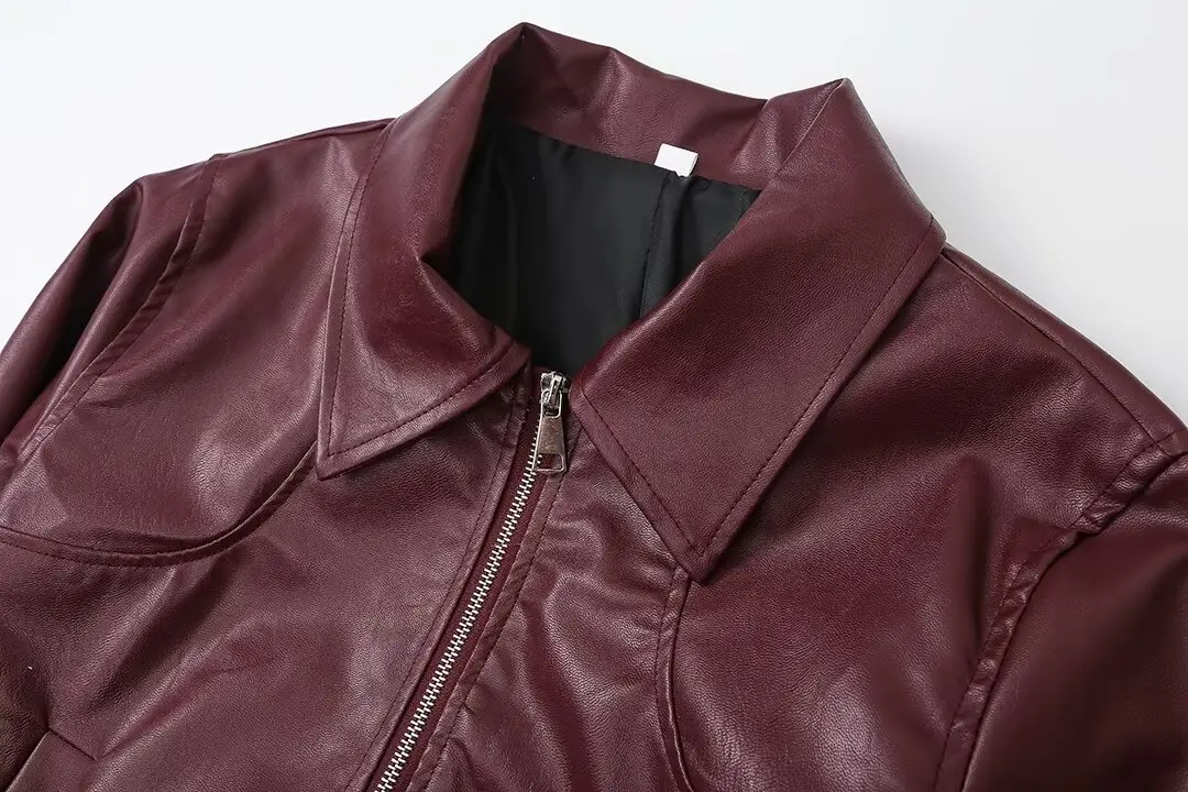 TRAFZA-Women Fashion PU Leather Jacket Zipper Pocket Lapel Burgundy Color Jacket New 2024 Fall Winter Modern Stylish Jackets