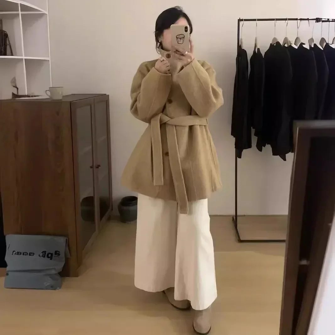 

2024 autumn and winter new Korean version of high-end stand-up collar double-sided cashmere coat women's medium and long smal