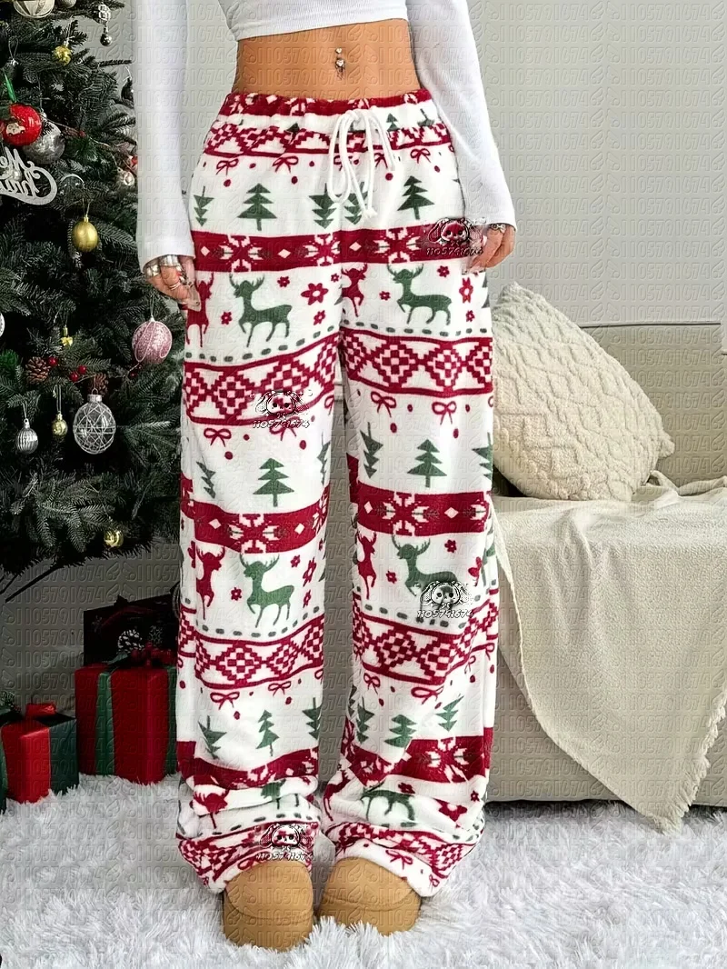 Christmas Gingerbread Man Santa Reindeer  Flannel Pajama Pants Loose Soft Winter Unisex Pants for Home & Outing FamilyMatching