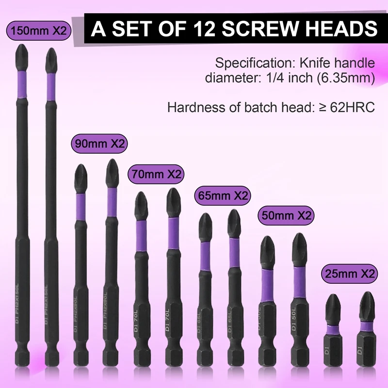 Anti-Slip Impacto Magnético Screwdriver Bit Set, Perfuração De Energia, 25-150mm, 12Pcs