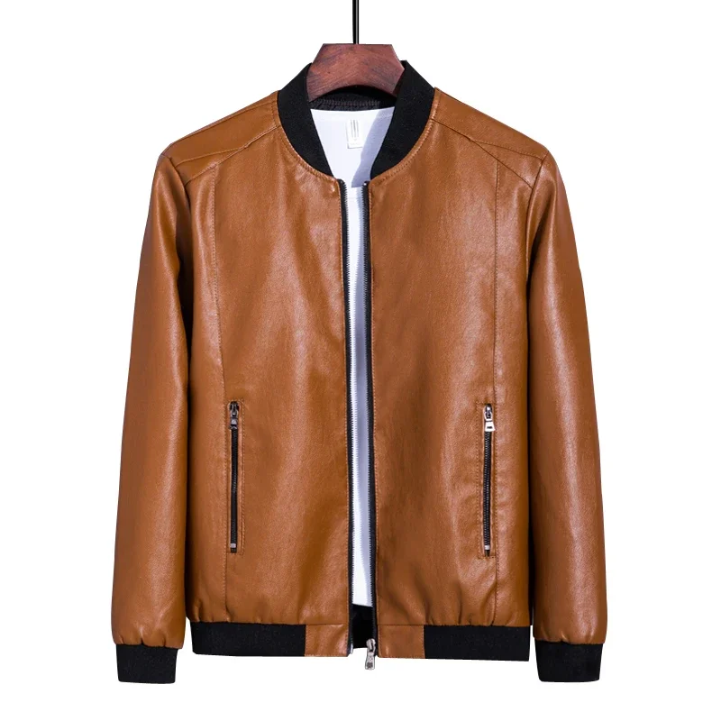 

Solid Color Black Leather Jacket Spring and Autumn Men's Casual Motorcycle Leather Jacket Casual Stand Collar Zip Up PU Coat