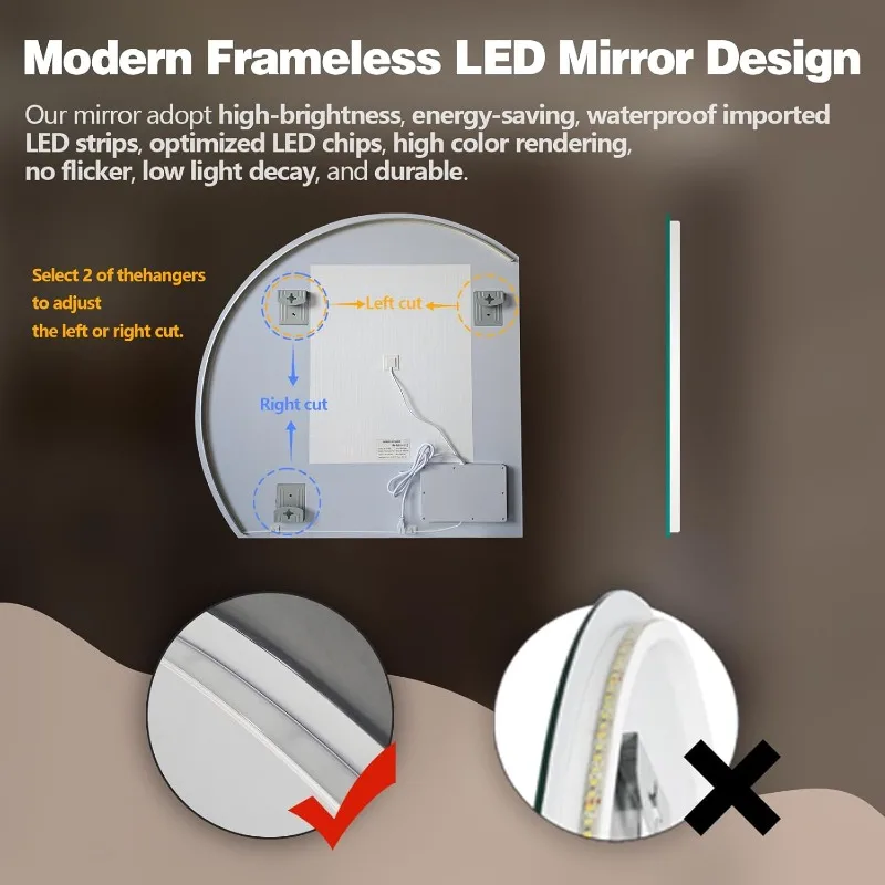 Half Moon LED Mirror for Bathroom, Backlit Semi Circle Frameless Mirror for Entryway, Irregular 1/4 Round Lighted Mirror