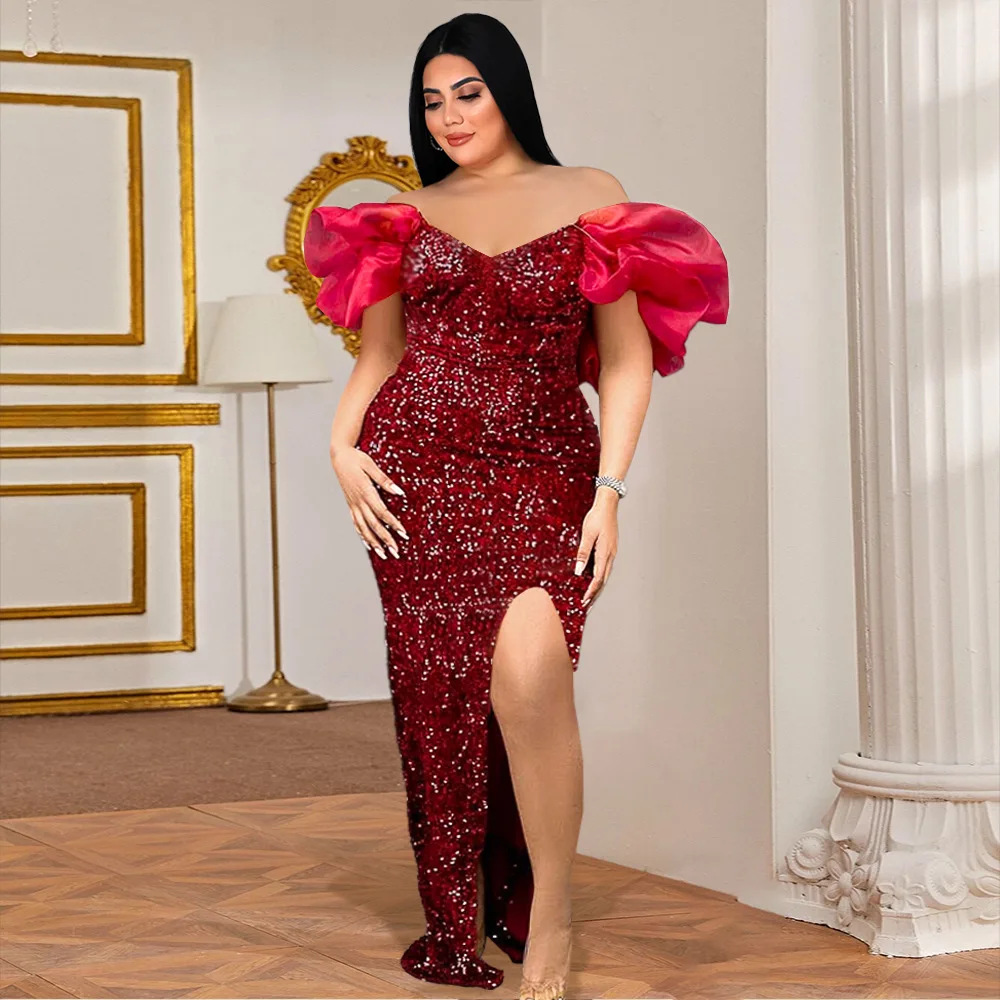 Plus Size Sequin Party Dress Female Puff Sleeve Luxury Dinner Prom Lady Evening Long Robe 2023 Autumn Elegant Pretty Women Dress