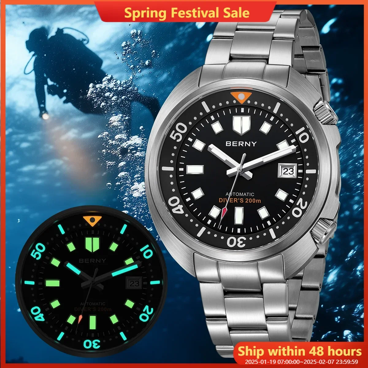 BERNY Automatic Compressor Diver Watch for Men Super Luminous Wristwatch Sapphire Swim Sport 20ATM Mechanical Mens Dive Watches