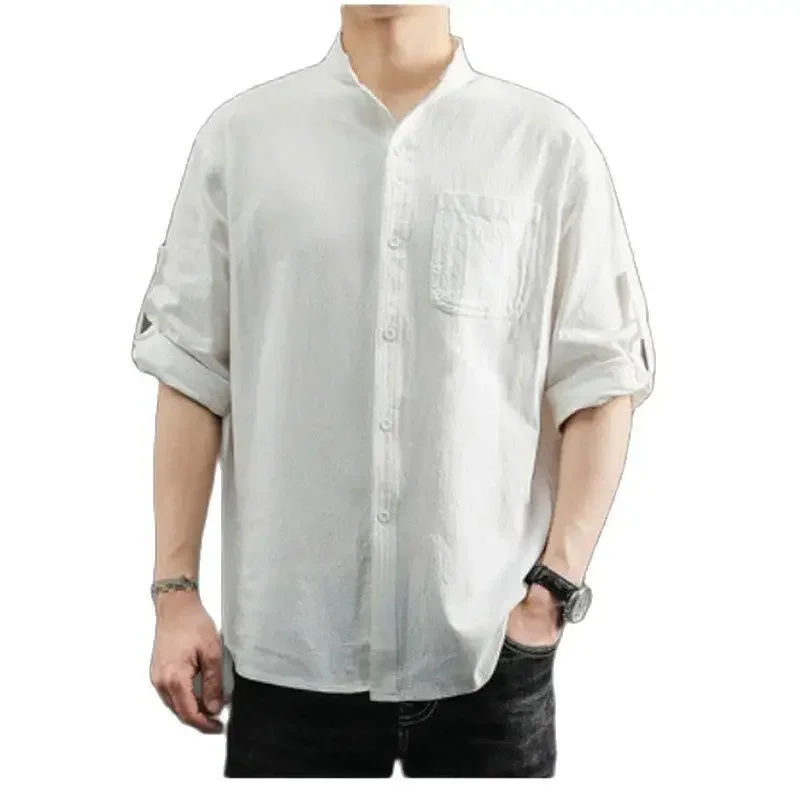 Solid Colors Long Sleeve Shirts Chinese Style Wear Stand Collar Loose 100% Cotton White Black Shirt Short Sleeve Shirt M-5Xl