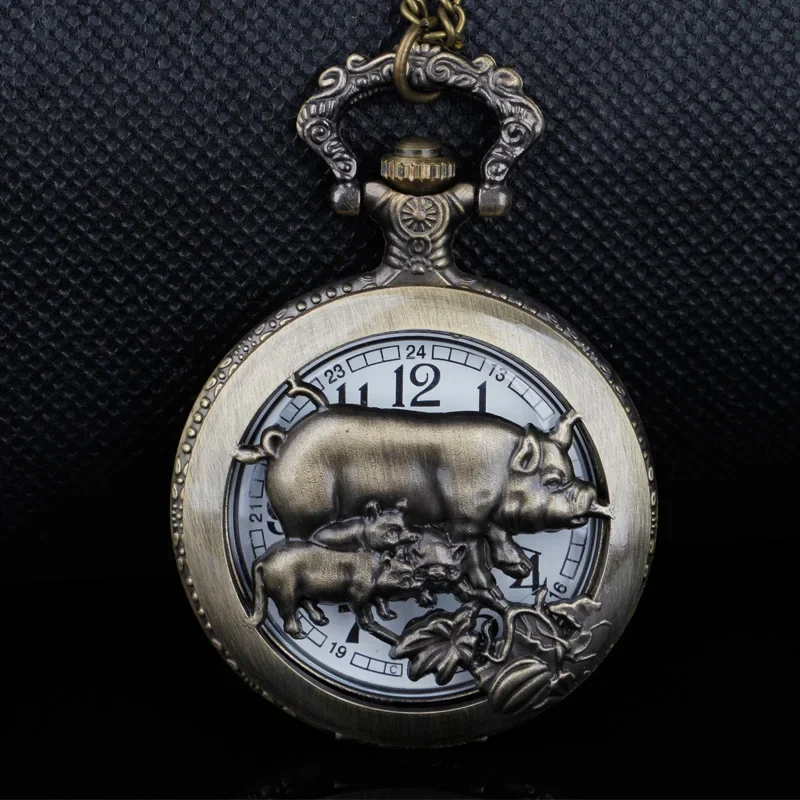 Zodiac Theme Pig Hollow Vintage Quartz Pocket Watch Necklace Accessories  Watch Friends Family High Quality Clock Fob Watches