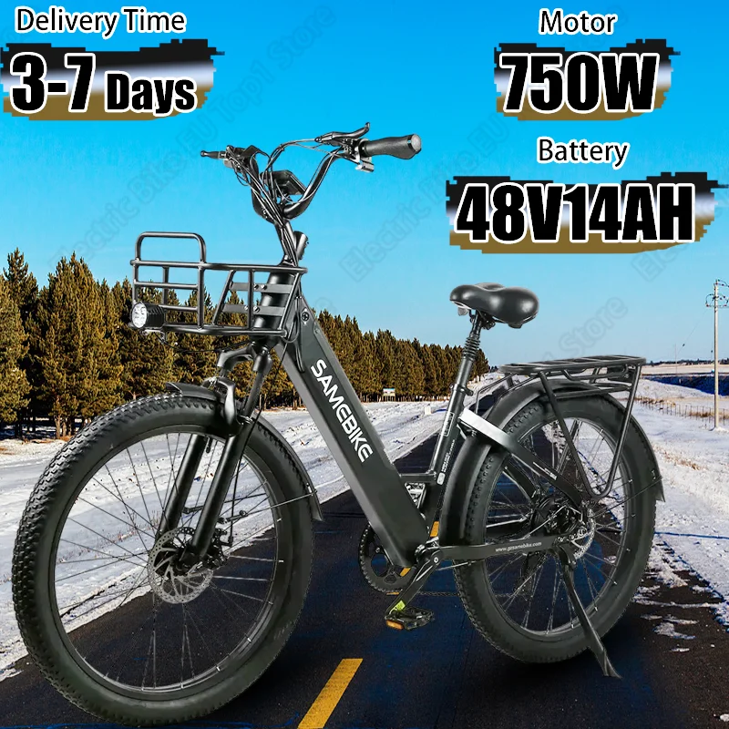 SAMEBIKE Electric Bicycle 750W Powerful Motor 48V14AH Lithium Battery Electric Bike 26 Inch Tire Mountain Snow With Basket Ebike