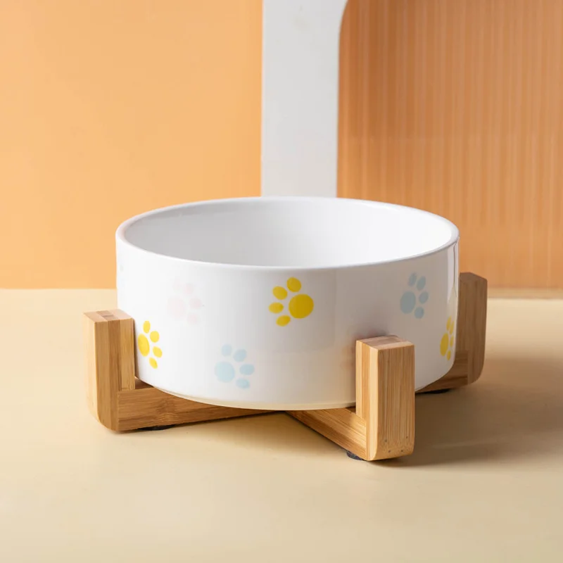 Ceramics Dog Bowl with Wood Mat Wide Mouth Feeding Bowls Food and Water Pet Feeder for Cat Puppy Protecting Cervical Spine