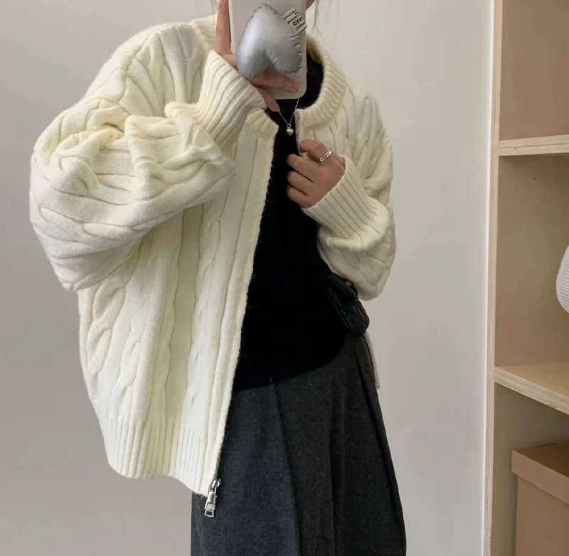 

Сплошной цвет, вязаный кардиган на молнии, женский осенне-зимний повседневный свитер с длинными рукавами, куртка