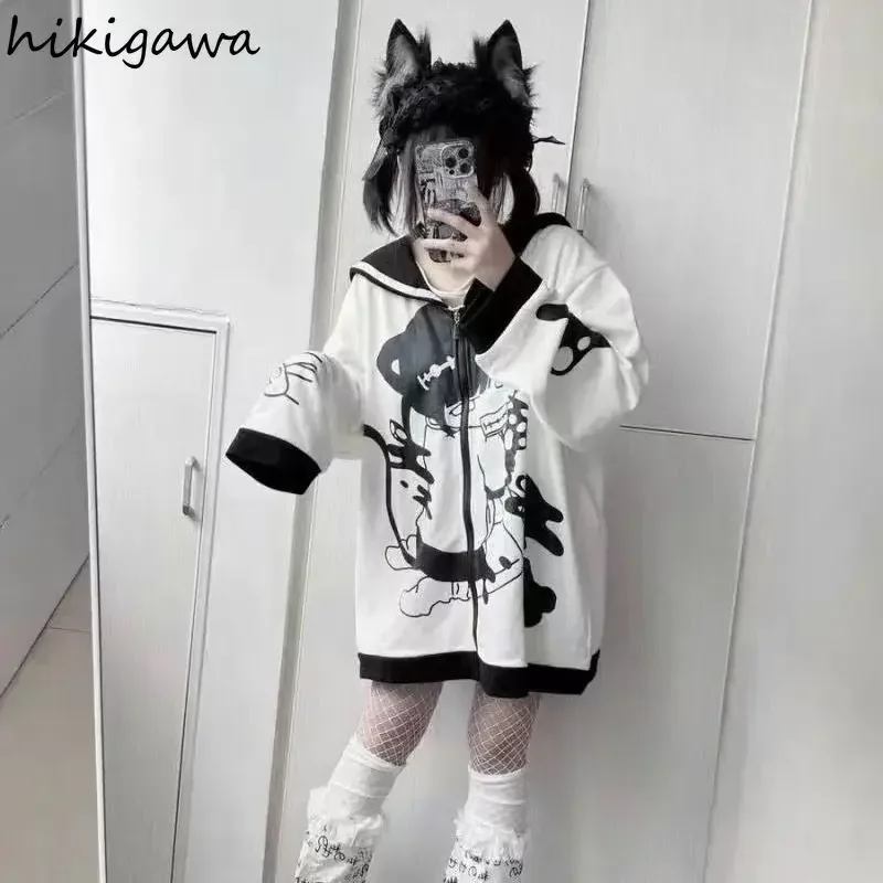 Sweet Hoodie Women Cat Ear Sailor Collar Long Sleeve Print Y2k Oversized Tops Clothes for Teens Thick Casual Japanese Sweatshirt