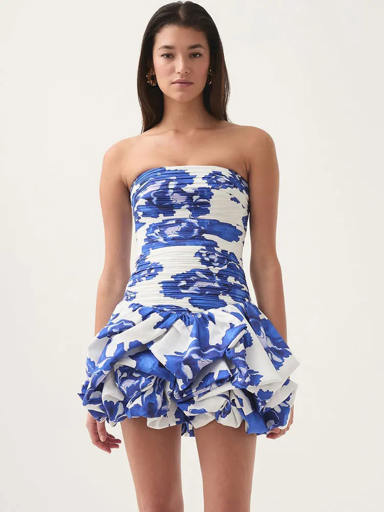 GACVGA เซ็กซี่ Strapless พิมพ์ Ruffles พับ Deign Mini A-Line ชุดผู้หญิง Elegant Patchwork Club Party ชุดราตรี
