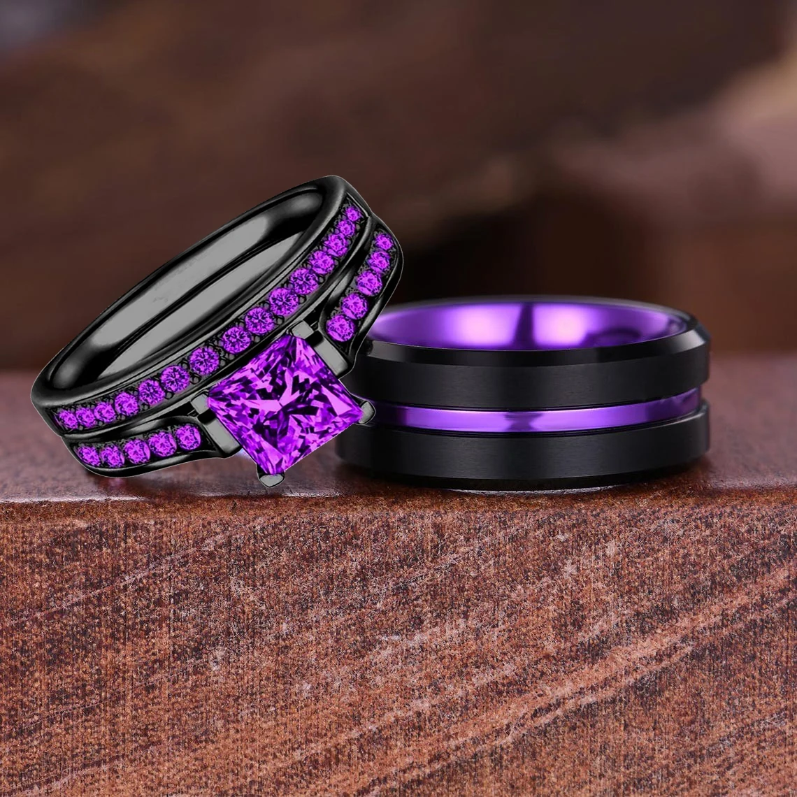 

Fashion Couple Rings Romantic Women Purple Rhinestones CZ Rings Set Trendy Men Stainless Steel Rings Wedding Band Jewelry Gifts
