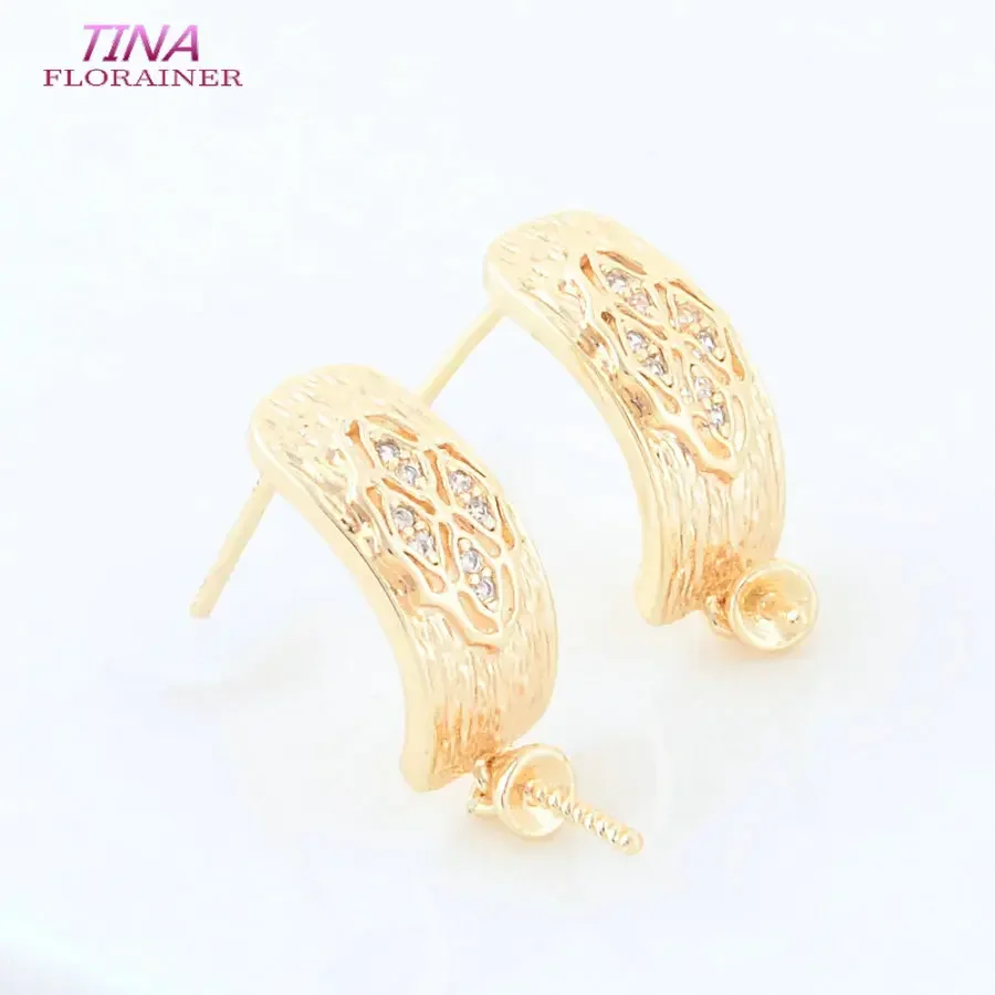 7*15MM 14K Gold Color Brass and Zircon with Half Pin Beads Caps C Shaped Stud Earrings Pins Jewelry Making Supplies Findings