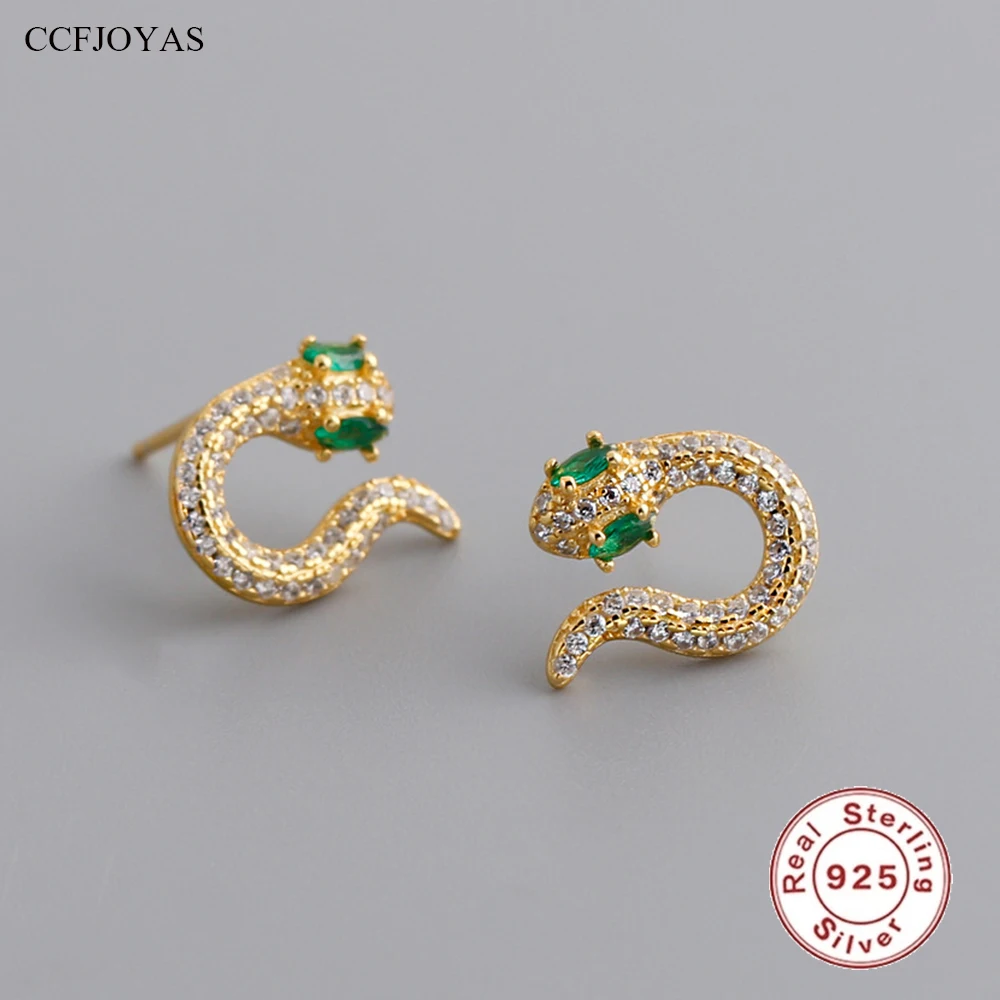 

CCFJOYAS High Quality 925 Sterling Silver Green eyes Snake-shaped Earrings Women European and American Punk Rock Animal Earrings