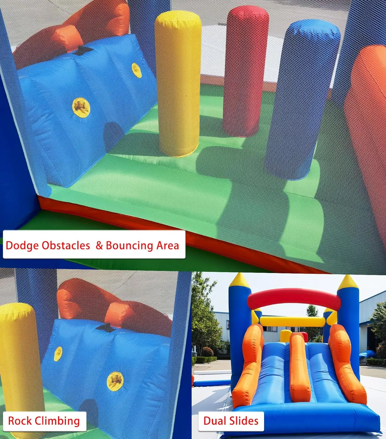 16.3x7.2피트 어린이용 에어바운스 장애물 놀이기구 (듀얼 레이싱 슬라이드, 크롤링 터널, 클라이밍, 장애물, 점핑 기능 포함)