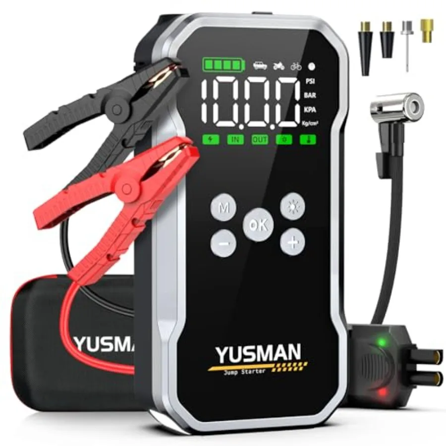 

Car jump starter with air compressor for automotive use lithium-ion black 8000A peak current 160PSI inflation smart jumper cabl