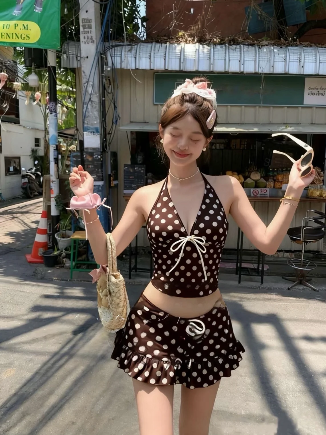 

Women's Bikini Swimsuit ter Ne Skirt Sle Tee-piece Set Gathered Slimming Vaion Thermal Beach Coastline Pattern