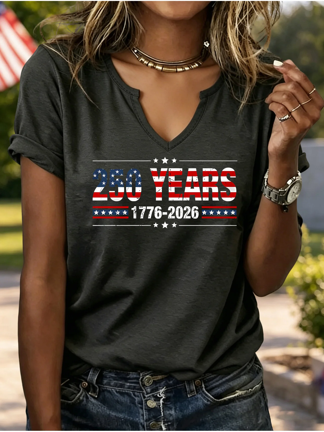 Women Summer Notch V Neck Short Sleeve T-Shirt, USA 250th Anniversary 1776-2026 American Flag Star Letter Print, Casual Top