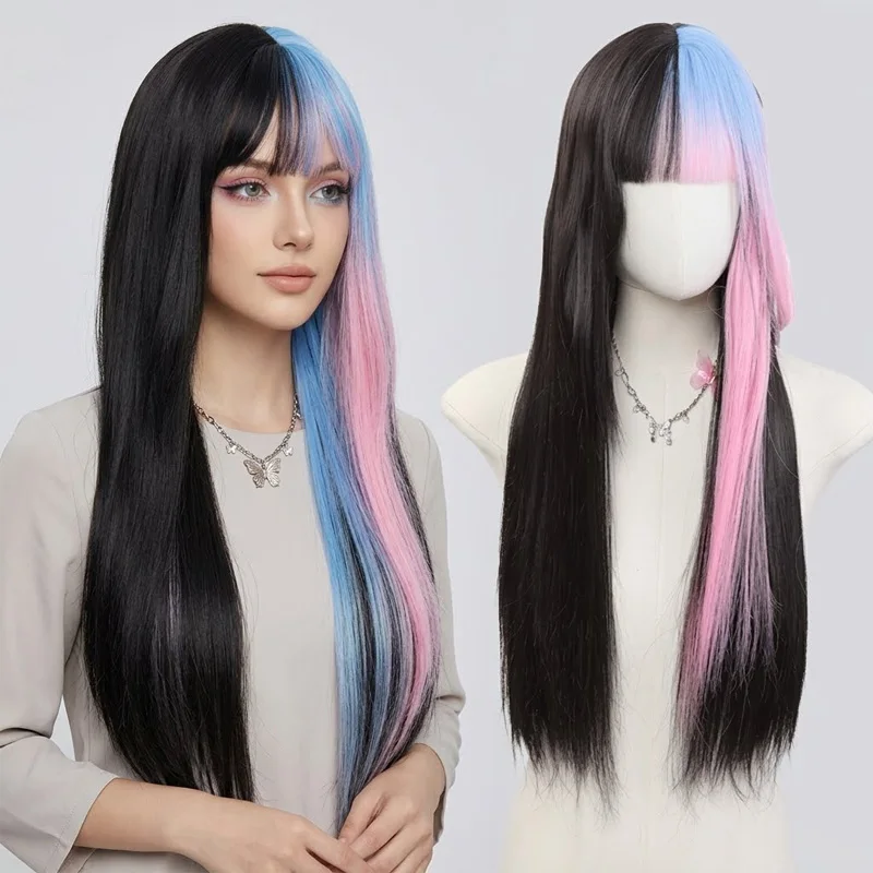 24 Inch Long Straight Synthetic Wig with Bangs Split Half Black Half Blue Pink Ombre Harajuku Cosplay Wig for Women