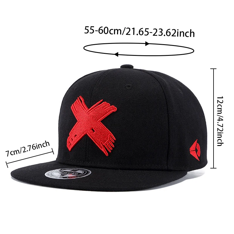 Sombrero de ala plana bordado 3D con letra X, sombrero de baile callejero de hip-hop, gorra de béisbol negra, sombrero de skate de moda, unisex, tamaño ajustable, adecuado para accesorios de moda de estilo callejero diario