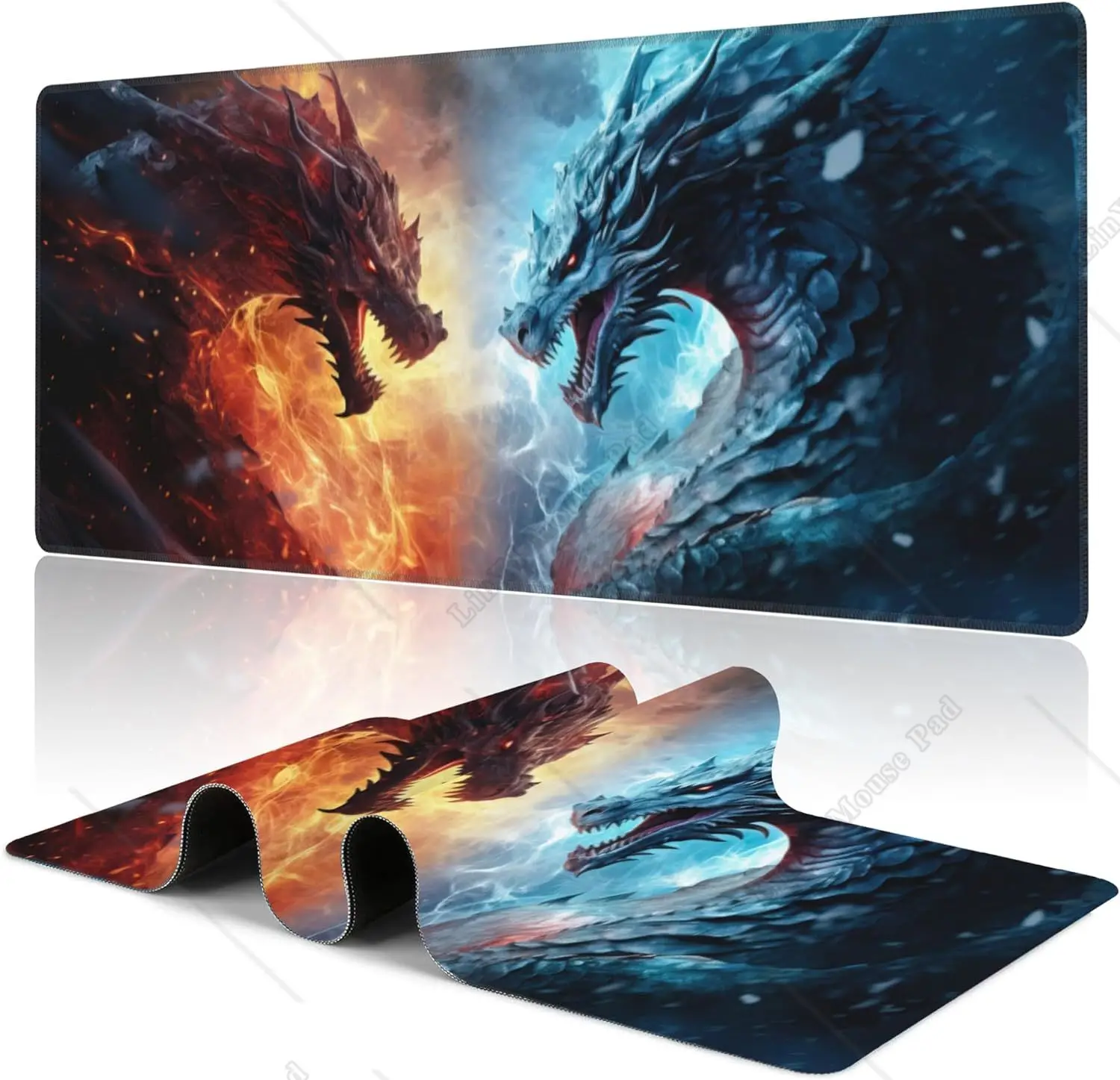 Anime Fire Ice Dragons Mouse Pad 31.5X11.8 Inch Extended Gaming Mouse Pad with Stitched Edge Non-Slip Base for Office Work