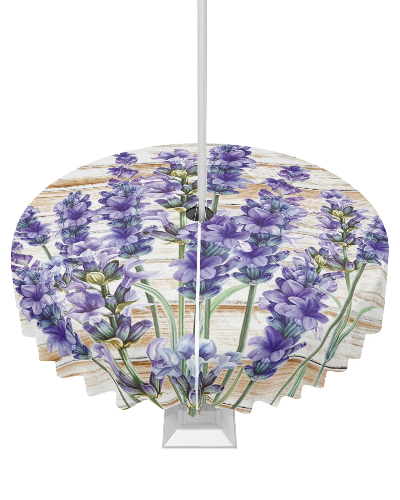 Purple Flower Lavender Dragonfly Wood Outdoor Tablecloth with Umbrella Hole Zippered Waterproof Picnic Patio Round Table Cover